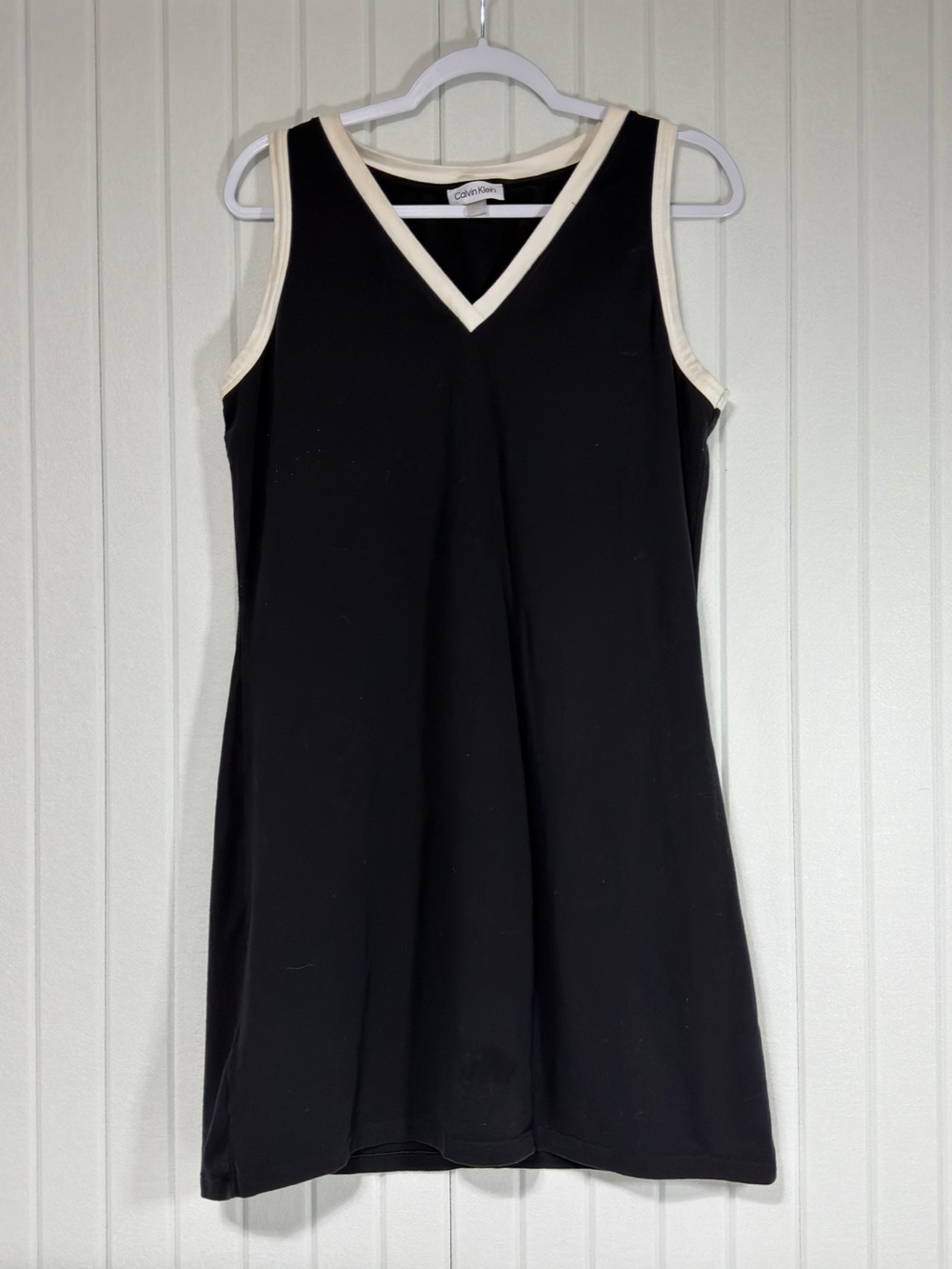 Calvin Klein Black Sleeveless V-Neck Mini Dress with Cream Trim